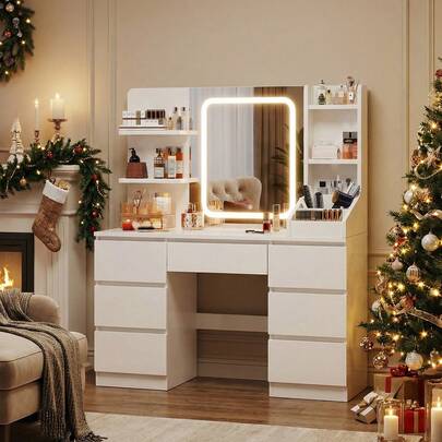 Devoko GUNJI Dressing Table With LED Lighting, Dressing Table With Adjustable Mirror, Dressing Table With 2 Drawers And Open Shelf, Modern Wooden Chest Of Drawers For The Bedroom