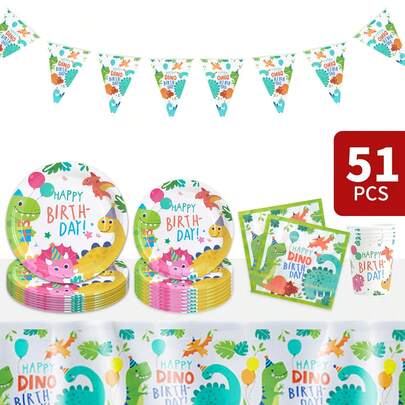 Cute Cartoon Dinosaur Happy Birthday Disposable Plate, Napkin, Cup, Tablecloth And Banner Set, Party Supplies Set For 8 Guests, Suitable For Birthday, Wedding, Theme Party, Family Picnic