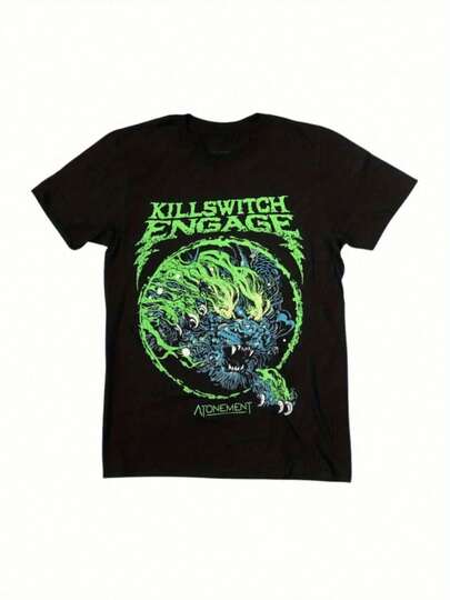 Camiseta unisex KILLSWITCH ENGAGE - Impresión gráfica de llama y dragón en negrita, camiseta de manga corta de ajuste regular para hombres y mujeres, tallas S-5XL, negra con arte verde y azul, top cómodo y casual para conciertos y atuendo casual, camisetas deúsica, atuendo de concierto, camiseta lavable aáquina, moda streetwear, estilo bohemio, material transpirable, entusiastas del estilo callejero