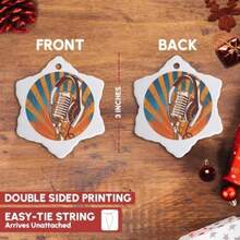 3dRose ORN_115374_1 Vintage Mic Microphone and Headphones on Grunge Halftone Rays Background Music-Snowflake Ornament, Porcelain, 3-Inch(3 inch Snowflake Porcelain Ornament) - Multicolor - Ver 3