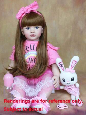 60厘米（24英寸）逼真柔软乙烯基重生女婴娃娃，新生公主幼儿宝宝，可爱儿童圣诞礼物（部分配件随机，包括毛绒玩具、奶嘴、奶瓶、尿布、发饰和服装套装）