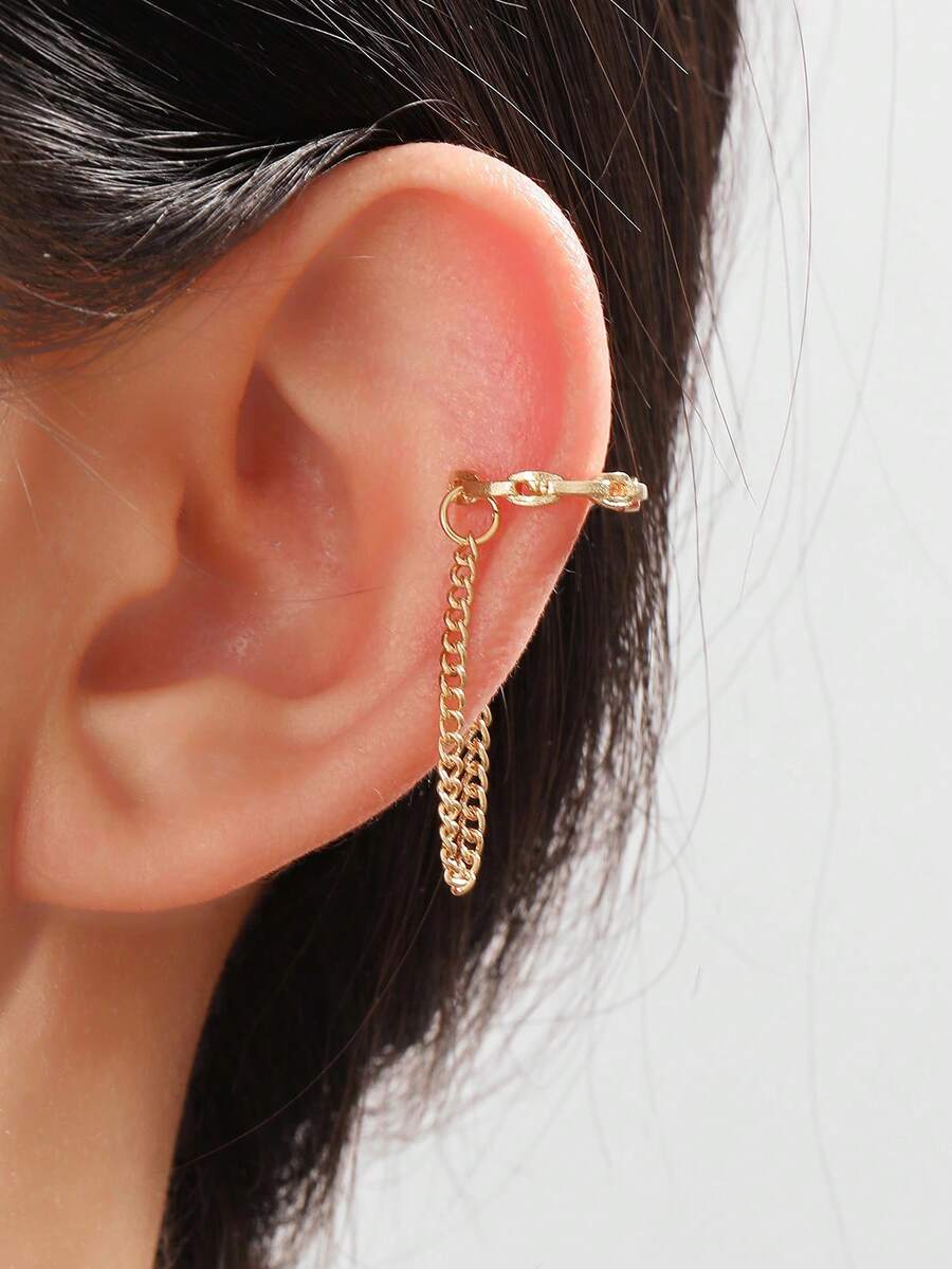 1pc Vintage French Tassel Chain Ear Cuff, Versatile & Suitable For Daily Wear - Gold - View 1