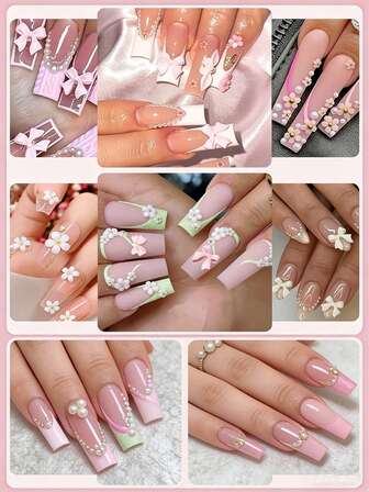 7 joyas de uñas mixtas, lazo Aurora, corazón, perla, accesorios de uñas mixtas, joyas de uñas perfectas para el invierno y el Día de San Valentín