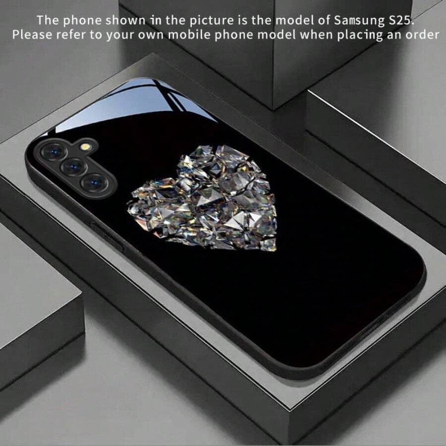 Glossy Heart Print Phone Case, Premium Glass Material, Compatible With S25, S24, S23, S22, S21, S20, And A-Series Models, Compatible With IPhone 17, 16, 15, 14, 13, 12, 11 Pro Max, Perfect As A Christmas Gift For Women. - 黑色 - 查看 1