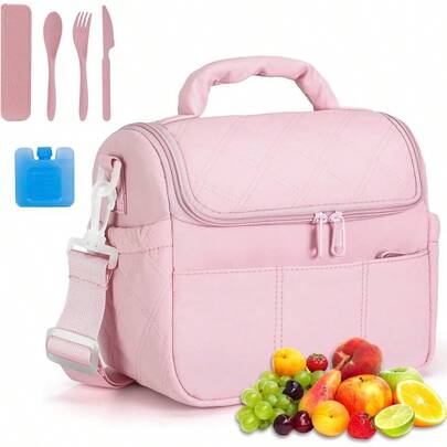YQQ Bolsas de almuerzo aisladas para mujerBonita lonchera acolchada Bolsa de Almuerzo de Gran Capacidad con Cristales Hielo y Cubiertos para Trabajo Escuela Picnic Viajes Camping Rosa2179