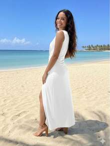 Elegant And Sensual Wrap-Style Beach Cover-Up Dress Made Of Premium Microfiber Fabric, Perfect For Summer Vacations, Beaches, And More. - trắng - Xem 5