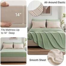 Juego de cama para todas las estaciones con edredón, sábanas y fundas de almohada, color verde salvia - 02 - Salvia y beige-rejilla - Ver 7