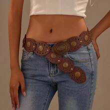 Retro Rivet Round Buckle Belt, Bohemian Fashion Grommet Waist Band, Versatile