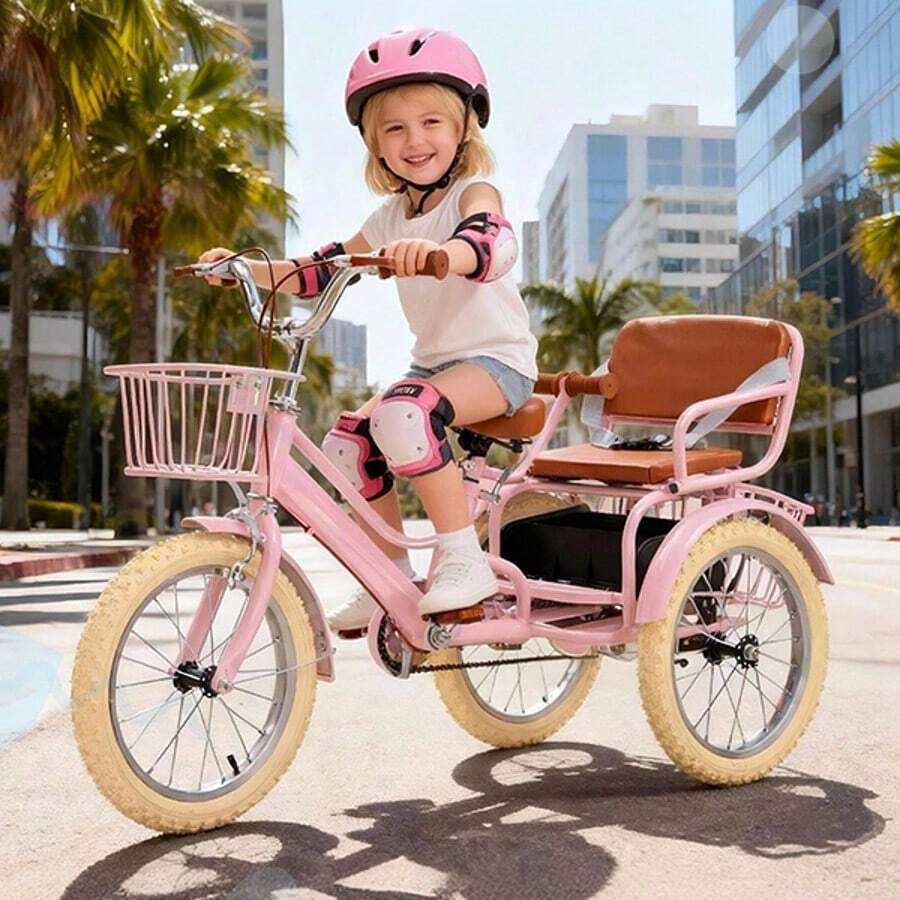Kid Stricycle, 16 Inch Girls Tricycle For Kids 4-9 Years Old, Dual Handbrake Boys Tricycle With 2 Seats, 3 Storage Baskets, Multiple Colors - Pink - View 1