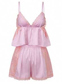 Summer Pajama Set For Women Sleeveless Lace Patchwork Camisole Tops Shorts 2 Pcs Outfits Sleepwear - Bright Pink - View 3