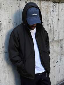 1pc Men's Woven Hooded Black Jacket, Suitable For Casual Daily And Sports Wear, Autumn/Winter Outerwear - Black - View 1