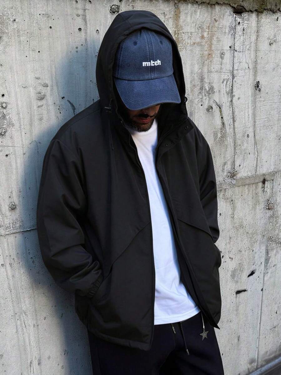 1pc Men's Woven Hooded Black Jacket, Suitable For Casual Daily And Sports Wear, Autumn/Winter Outerwear - Black - View 1