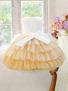Young Girls' Round Neck Faux Pearl Embroidered Tulle Elegant Piano Recital Dress, Suitable For Birthday Party, Prom, Excluding Headband - Multicolor - View 4