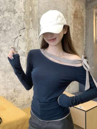 Áo tay dài chất liệu len pha, ôm dáng, lệch vai, phối màu tương phản, kiểu Hàn Quốc mùa thu, thắt nơ.