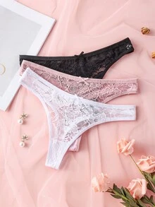 3条/包 纯色浪漫蕾丝女士丁字裤，可爱蝴蝶结装饰 无痕性感内衣