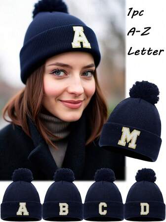 1pc A-Z Letter Warm Knitted Beanie Hat For Women, Unisex Personalized Versatile Winter Beanie For Autumn/Winter Daily Wear,Bestie Or Couple
