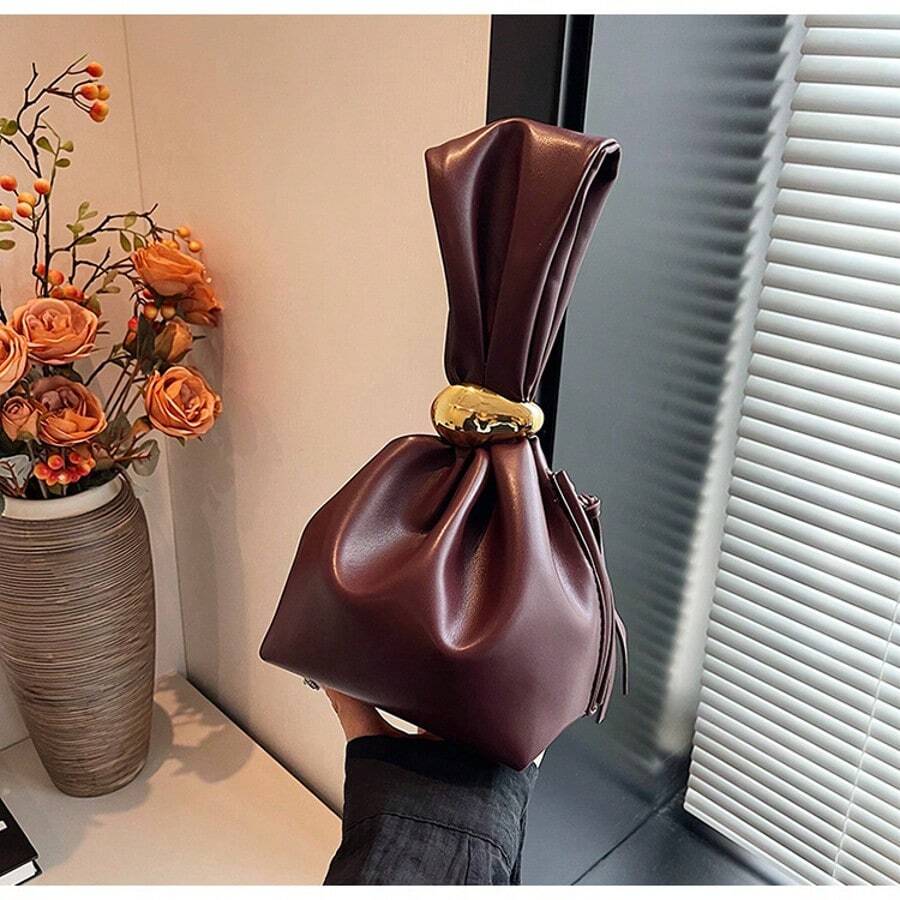 1pc Solid Color PU Leather Handbag, Burgundy Ancora Design, Women's Personalized Mini Cloud Pleated Bag With Metal Decor Zipper Closure, Suitable For Daily And Outdoor Use - Burgundy - View 1