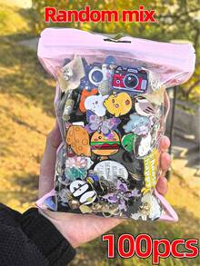 10/15/20/30/40/50/60/70/80/100枚随机胸针混装（不重复款式），合金金属徽章，动物、水果、蔬菜、卡通、字母图案，隐藏收藏款式，可爱、优雅、休闲设计，适合多种场合，数量越多，款式越多，可作为鞋子、包包、衣服的装饰配件，是送给成人和儿童的绝佳礼物 - 彩色 - 查看 10