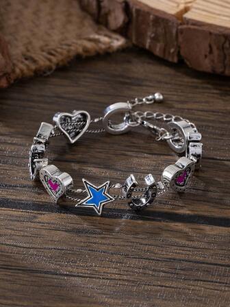 1pc Oxidized Silver, Enamel, Gothic Style, Heart, Horseshoe, Pentagram, Bohemian Bracelet Jewelry