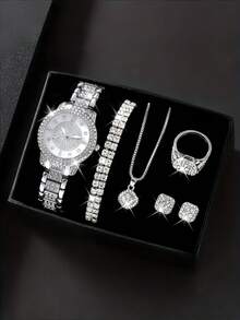 7pcs Elegant Quartz Watch & Jewelry Set, Including Round Ladies Watch, Crystal Necklace, Earrings, Ring, Bracelet (No Gift Box)