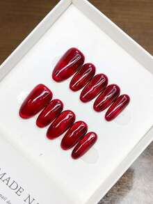 Pure Handmade Wearable Nails With Short Oval Nail Shape, Hand-Painted Red Cat Eye Nails, High-Quality Simple Design Nails, Full Coverage Fake Nails, Y2K Nails, Unique And Niche Creative Fake Nails, Daily Nails, Cute Modern Style Nails, Daily Use, Detachable Wear And Reusable. - Multicolor - View 3