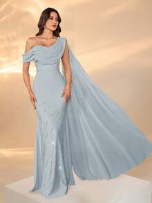 Elegant Women's Long Mermaid Dress With Asymmetrical Rhinestone Details And V-Neck Sleeveless Design For Formal Evenings Party Spring Wedding - Baby Blue - View 9