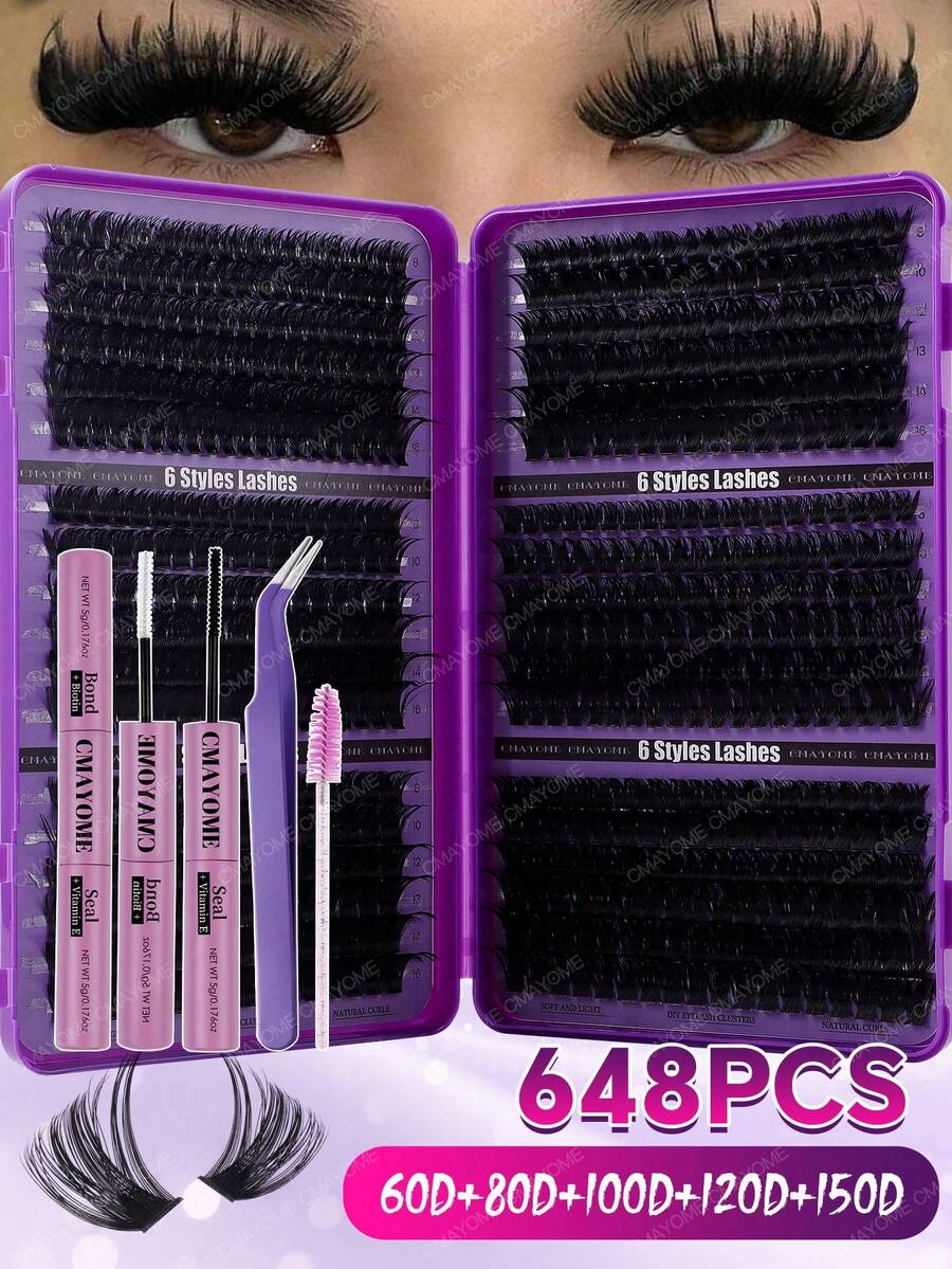 720/684/648/200pcs D-Curl Fluffy Thick False Eyelashes Set, Includes Beginner-Friendly Eyelash Tutorial, Thick & Full DIY Segmented False Eyelashes With Glue, Sealant, Tweezers And Brush, Enlarges Eyes, Lightweight & Reusable, Bulk Single Pair Eyelash Kit, Soft & Natural Mixed Lashes, Creates 5D Volumized Eye Makeup, Suitable For DIY At Home, Travel, Daily Commute, Parties, Weddings, Bridal