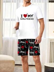 两件套浪漫情人节男士睡衣套装，心形字母印花睡衣上衣和短裤 - 白色 - 查看 4