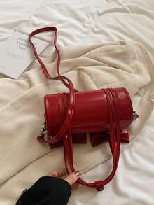 2025 Nuova borsa a cilindro con fiocco rosso alla moda, borsa Boston leggera e di lusso, adatta per giovani ragazze per viaggi e raduni - Rosso - Visualizzare 7