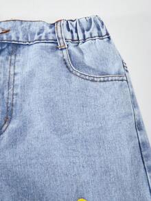 Tween Girls' Cartoon Print Distressed Loose Wide Leg Jeans - Blue - View 5