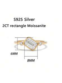 女士结婚戒指，镶嵌式长方形简约戒指，2.7克925纯银，镶嵌2克拉莫桑石，波西米亚宫廷风格，奢华订婚、结婚、周年纪念、情人节礼物，附赠莫桑石证书和精美礼盒 - 金色 - 查看 3