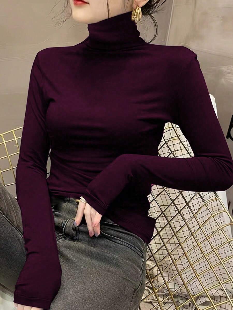 2024新款女士高领打底衫，时尚叠穿单品，长袖，黑色，薄款，适合春、秋、冬休闲穿着 - 酒紅色 - 查看 1