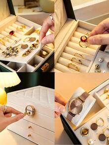 Brodark صندوق مجوهرات جلدي فاخر ثلاثي الطبقات، صندوق تخزين مجوهرات كبير السعة للعقود والأقراط والأساور والخواتم، شائع على الإنترنت - الأسود - مشاهدة 10