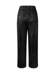 Women's Casual Solid Color Slim Fit Sequin Embellished Pants, Suitable For Daily Commute And Office Wear, Autumn/Winter Black Spring - Black - View 2
