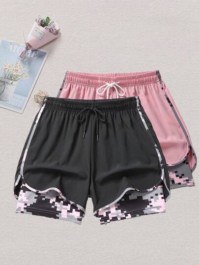 Conjunto de 2 piezas de shorts deportivos para mujer, con cintura con cordón, bolsillos interiores, adecuado para correr, baloncesto, fitness y otras actividades deportivas