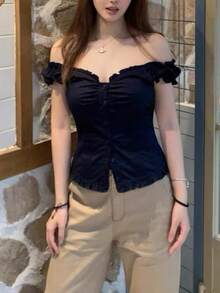 Women Button Down Lace Top V Neck Ruffle Low Cut Cap Sleeved Babydoll Cute Shirt Slim Fit Coquette Blouse - 藏青色 - 查看 2