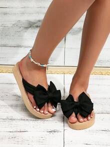 KATE MIUCH Women's Spring/Summer New Arrival Sweet & Lovely Bow Accent Black Thong Sandals, Suitable For Pairing With Dresses For Beach Vacation, Barbecue, Spring Camping, Wedge Heel, French Elegant Style, Breathable & Comfortable Open Toe Flat Sandals - Black - View 2