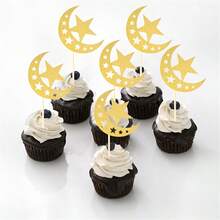 12/24件闪亮月亮星星开斋节蛋糕装饰品、蛋糕顶饰、斋月派对用品、伊斯兰斋月派对装饰品 - 金色 - 查看 1