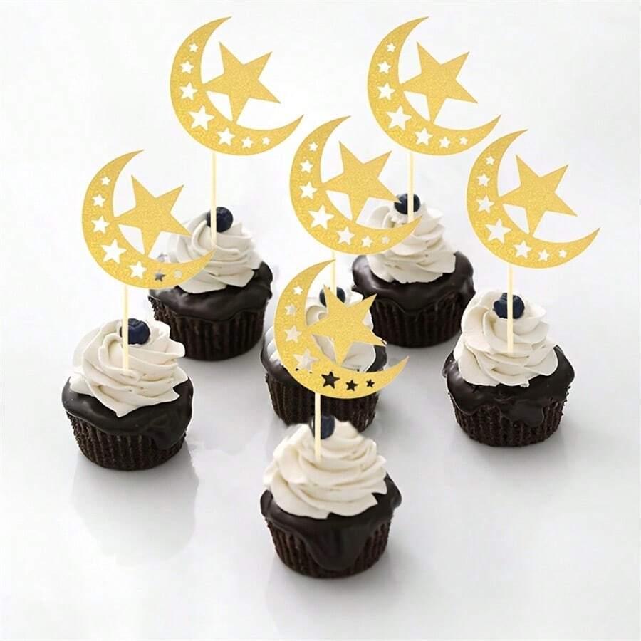 12/24件闪亮月亮星星开斋节蛋糕装饰品、蛋糕顶饰、斋月派对用品、伊斯兰斋月派对装饰品 - 金色 - 查看 1
