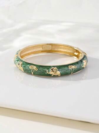 Vintage Gold Bangle, Fashionable Enamel Elephant Decor Open Cuff Bracelet, Suitable For Daily Wear, Weddings, Parties, And An Ideal Jewelry Accessory