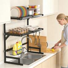 Dish Rack Above Sink - Three-Tier Large Capacity Drain Rack With Knife And Utensil Storage Compartments, Kitchen Organisation Essential, Ideal Gift For The Home Dimensions: Length 25.67in X Width 12.36in X Height 29.69in Colour: Black - 黑色三層 - 查看 7
