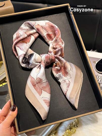 1pc Elegant Floral Print 70cm Square Scarf/Bandana For Women, Suitable For Casual, Streetwear, Outdoor Sun Protection, Decorative Headwear