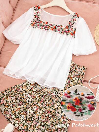 Semi-Sheer Spring Chiffon Tops With Embroidered Lace Patchwork, Casual Versatile White Blouse For Summer