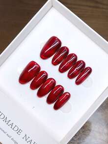 Pure Handmade Wearable Nails With Short Oval Nail Shape, Hand-Painted Red Cat Eye Nails, High-Quality Simple Design Nails, Full Coverage Fake Nails, Y2K Nails, Unique And Niche Creative Fake Nails, Daily Nails, Cute Modern Style Nails, Daily Use, Detachable Wear And Reusable. - Multicolor - View 2