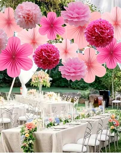 9pcs Handmade Pink Paper Flower Decor Set, Suitable For Birthday, Anniversary, Spring Party And Wedding - No Battery Required, Background Decor, Wall Decor
