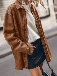 Saodimallsu Women's  Denim Overshirt Jacket Oversized Long Sleeve Button Up Casual Boyfriend Coat - 棕色 - 查看 1