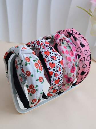 4pcs Heart & Rose Elegant Knotted Wide Headband, Suitable For Valentine's Day & Daily Wear