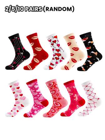 2/5/10 Pairs Random Fashionable Versstile Creative AB Asymmetrical High Top Socks With Cartoon Animal, Tool, And Character Patterns