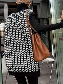 大码女式人字形印花无袖休闲黑白高领套头针织毛衣 - 黑與白 - 查看 2