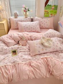 1 Juego de Ropa de Cama con Estampado Floral de Rosa, Incluye 1 Edredón, 1 Sábana Plana, 2 Fundas de Almohada, Suave y Cómodo para Dormitorio, Dormitorio, Uso Doméstico, Disponible en Múltiples Tamaños - Rosa Pálido - Ver 2